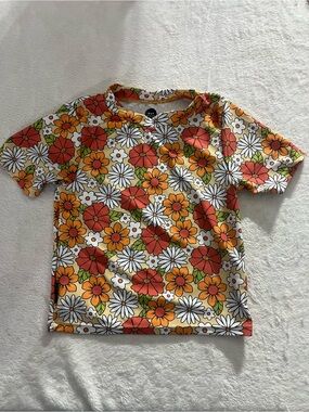 Kids Floral Short Sleeve Tee Sun Protection Swim Shirt Top Orange & White Girls